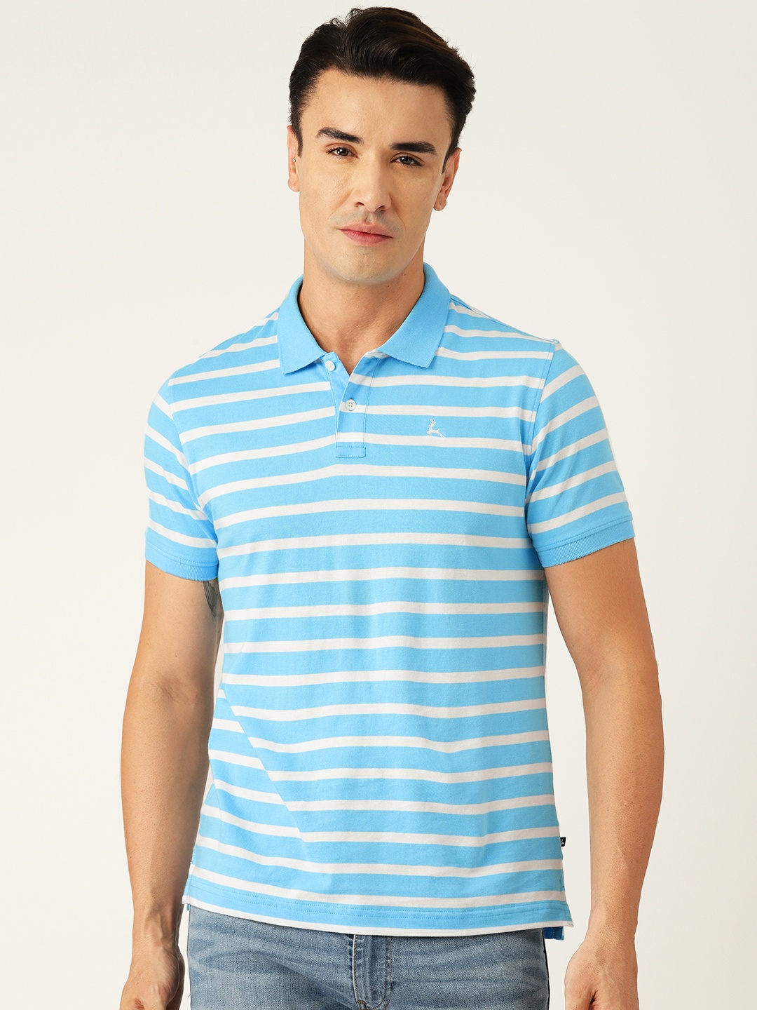 

Parx Striped Polo Collar Pure Cotton T-shirt, Blue