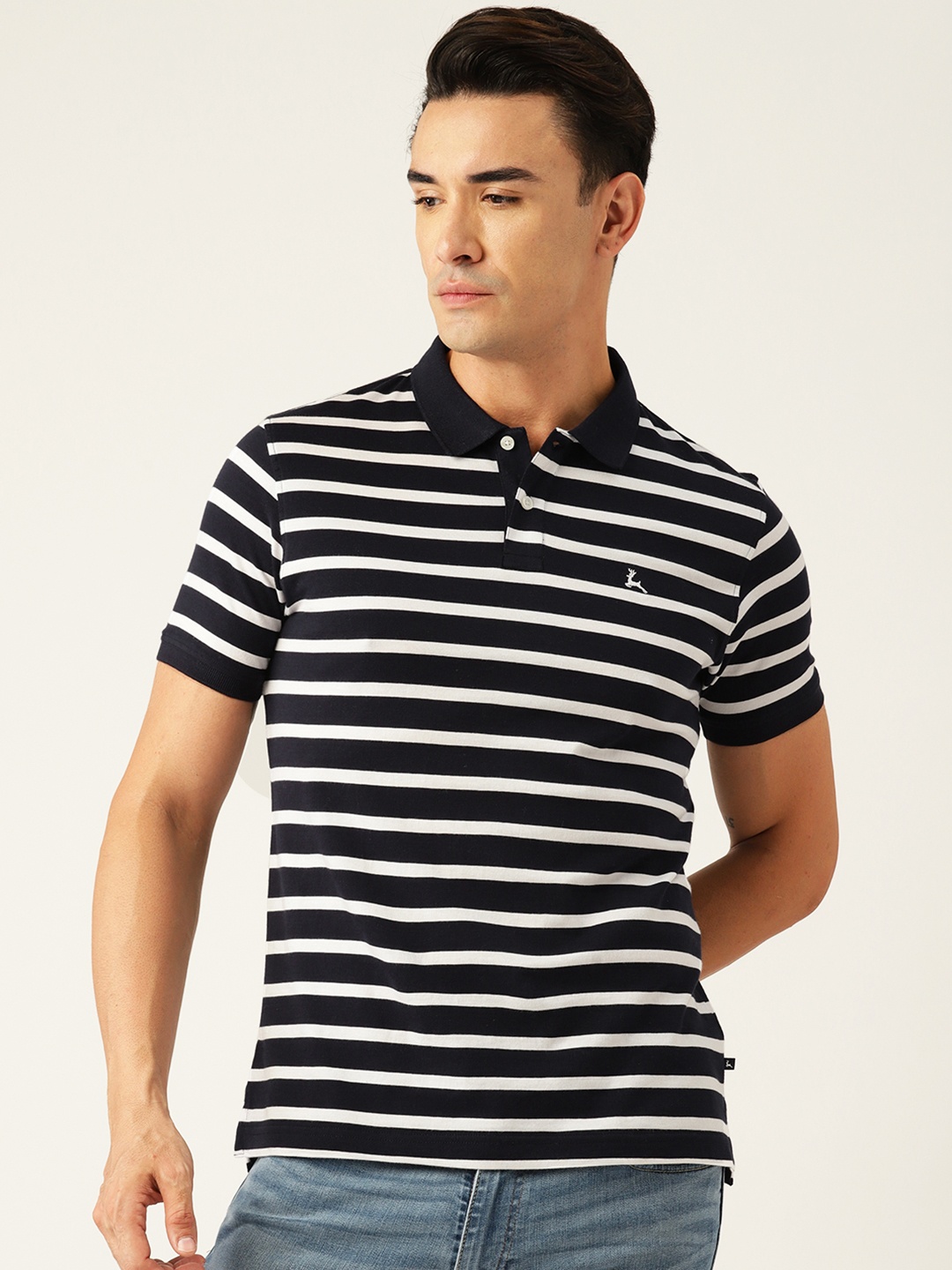 

Parx Striped Polo Collar Pure Cotton T-shirt, Navy blue