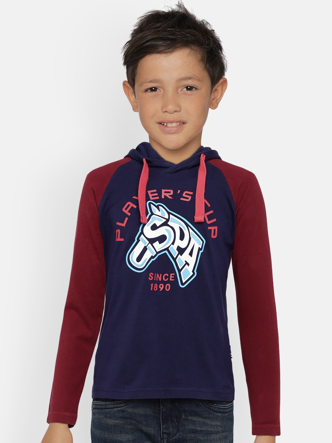 

U.S. Polo Assn. Kids Boys Navy Blue Printed Hooded T-shirt