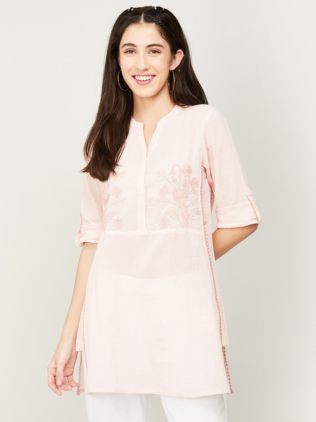 

Colour Me by Melange Embroidered Pure Cotton Band Collar Tunic, Pink