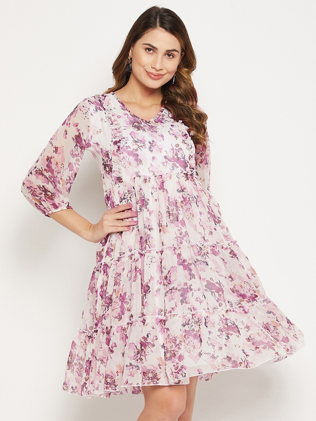 

Bitterlime Floral Printed Georgette Dress, White