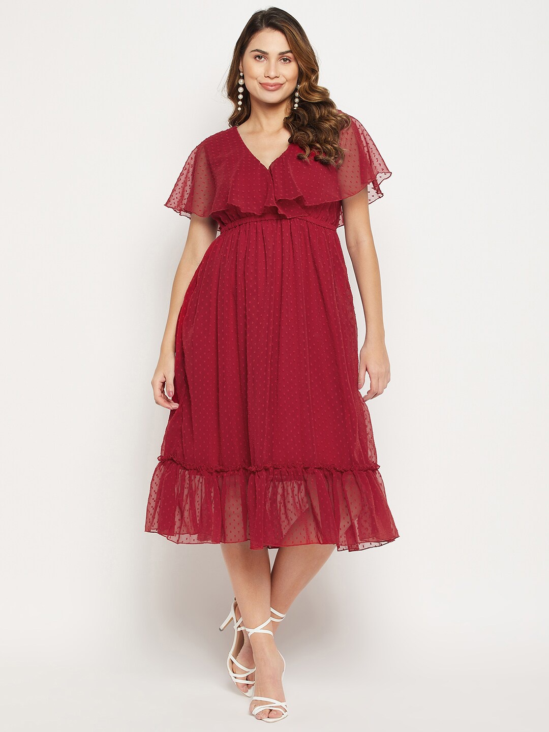 

Bitterlime Self Design Georgette Midi Wrap Dress, Maroon