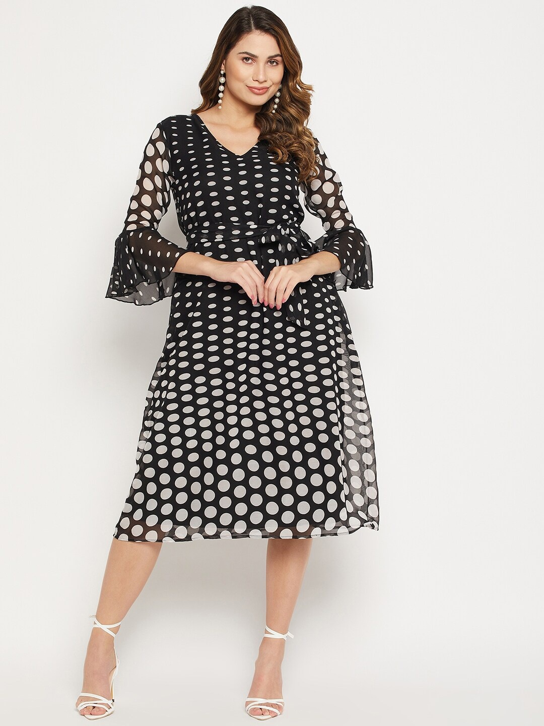 

Bitterlime Polka Dots Printed Tie-Up Detail Belted Georgette A-Line Midi Dress, Black