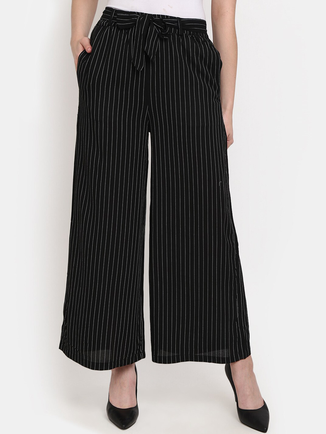 

V-Mart Women Mid Rise Striped Classic Parallel Trousers, Black