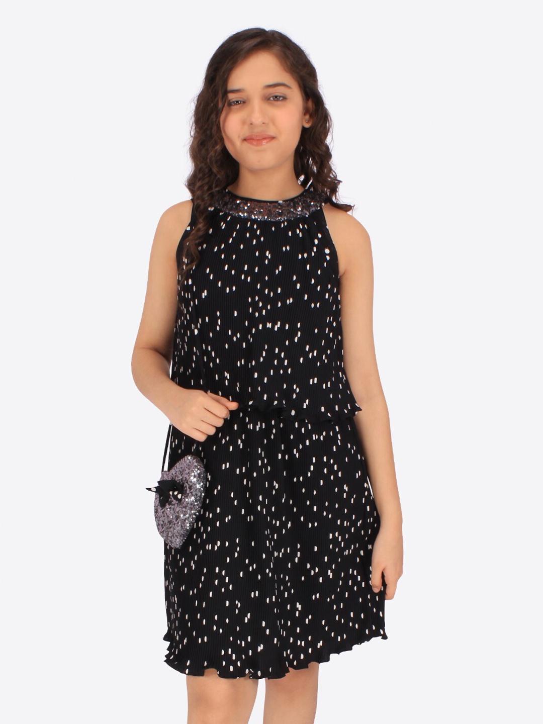 

CUTECUMBER Girls Polka Dots Printed Georgette Dress, Black