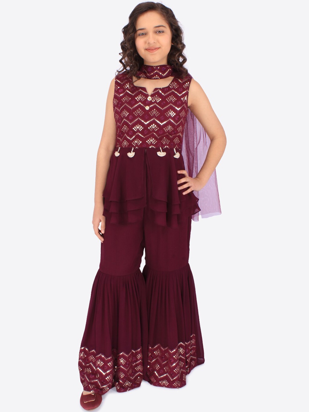 

CUTECUMBER Girls Embroidered Kurta with Sharara & Dupatta, Burgundy