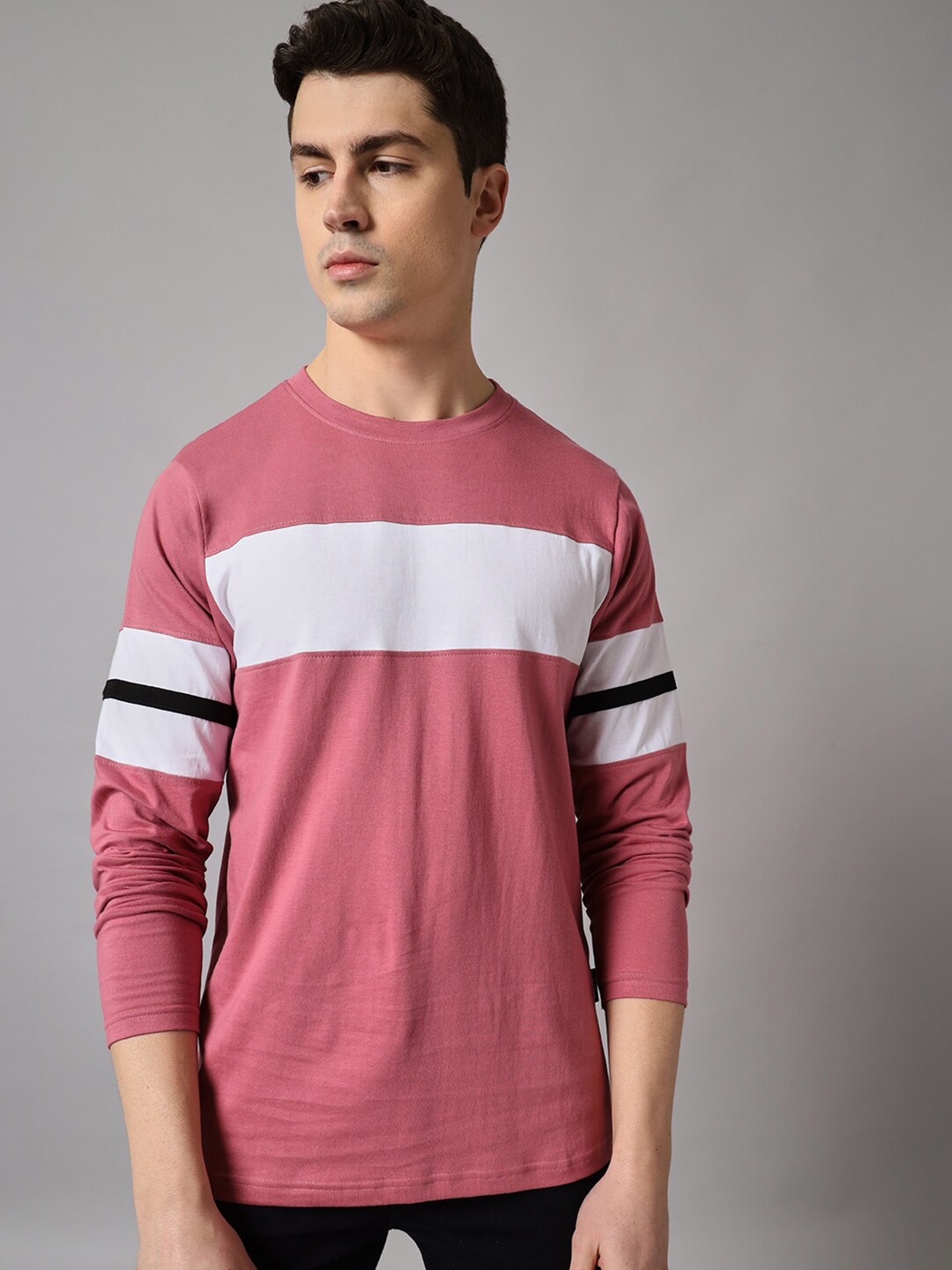 

The Dry State Men Colourblocked Round Neck Long Sleeve Cotton T-shirt, Rose