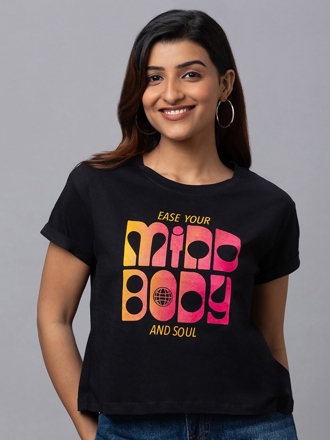 

Globus Typography Printed Boxy Pure Cotton T-shirt, Black
