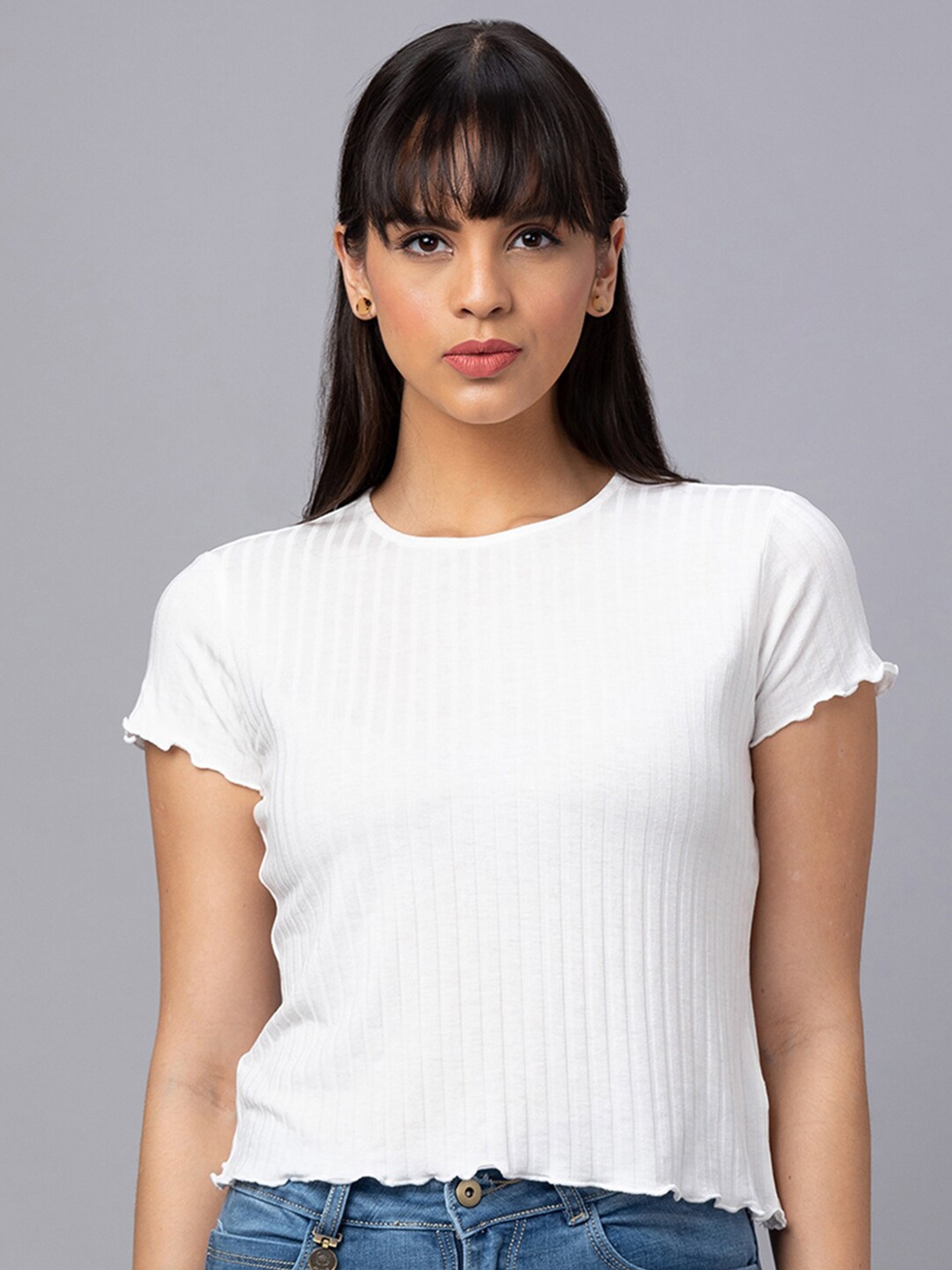 

Globus Self Design Pure Cotton Crop T-shirt, White