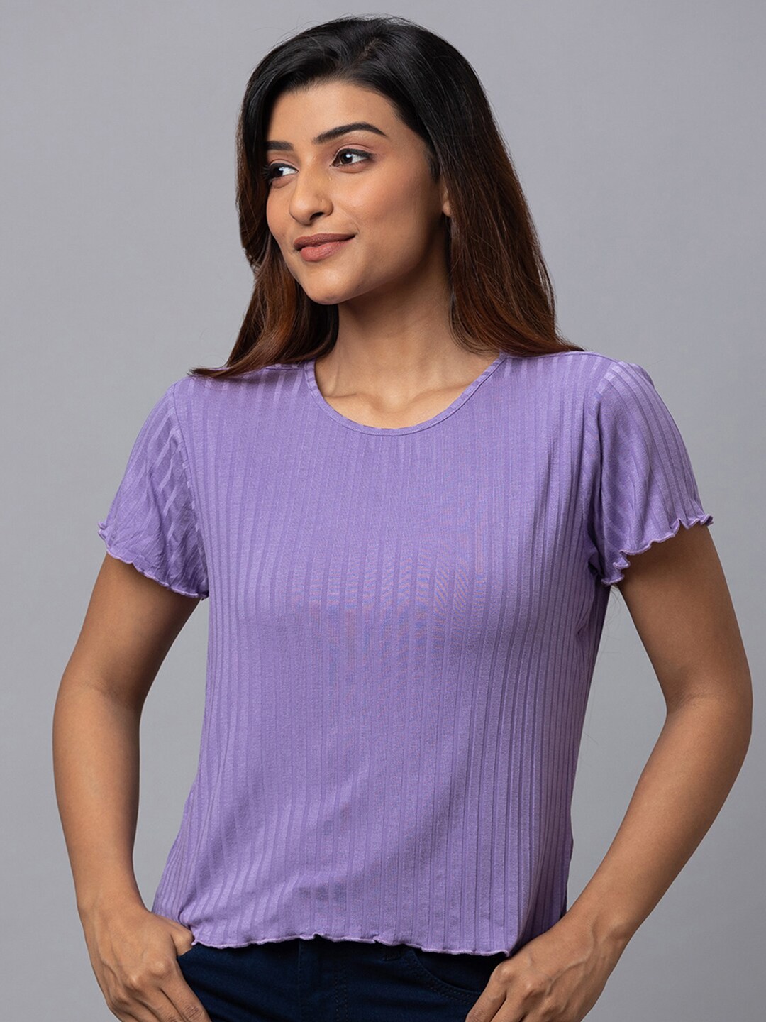 

Globus Women Round Neck Short Sleeve Pure Cotton T-shirt, Purple