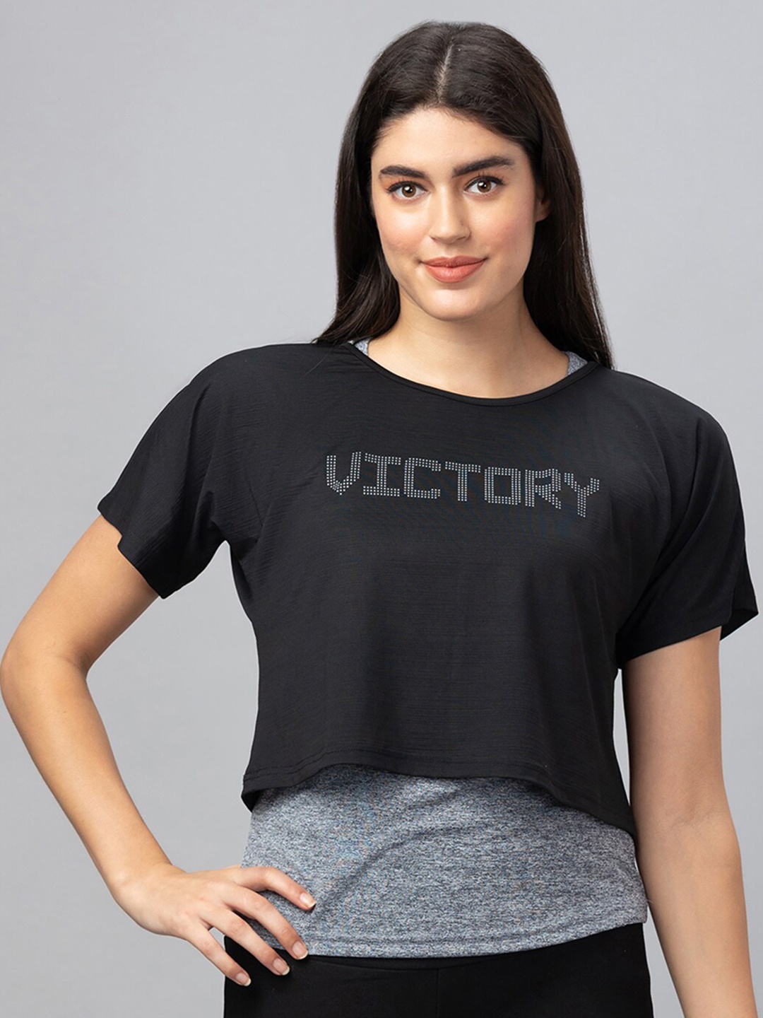 

Globus Typography Printed Extended Sleeves Boxy Crop Pure Cotton T-shirt, Black