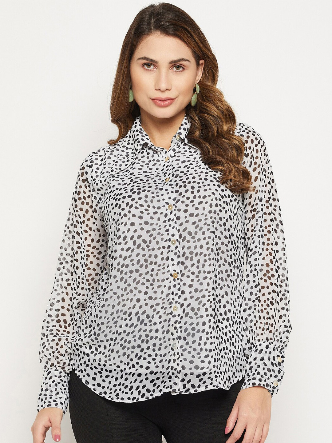 

Bitterlime Relaxed Button Cuff Printed Georgette Casual Shirt, White