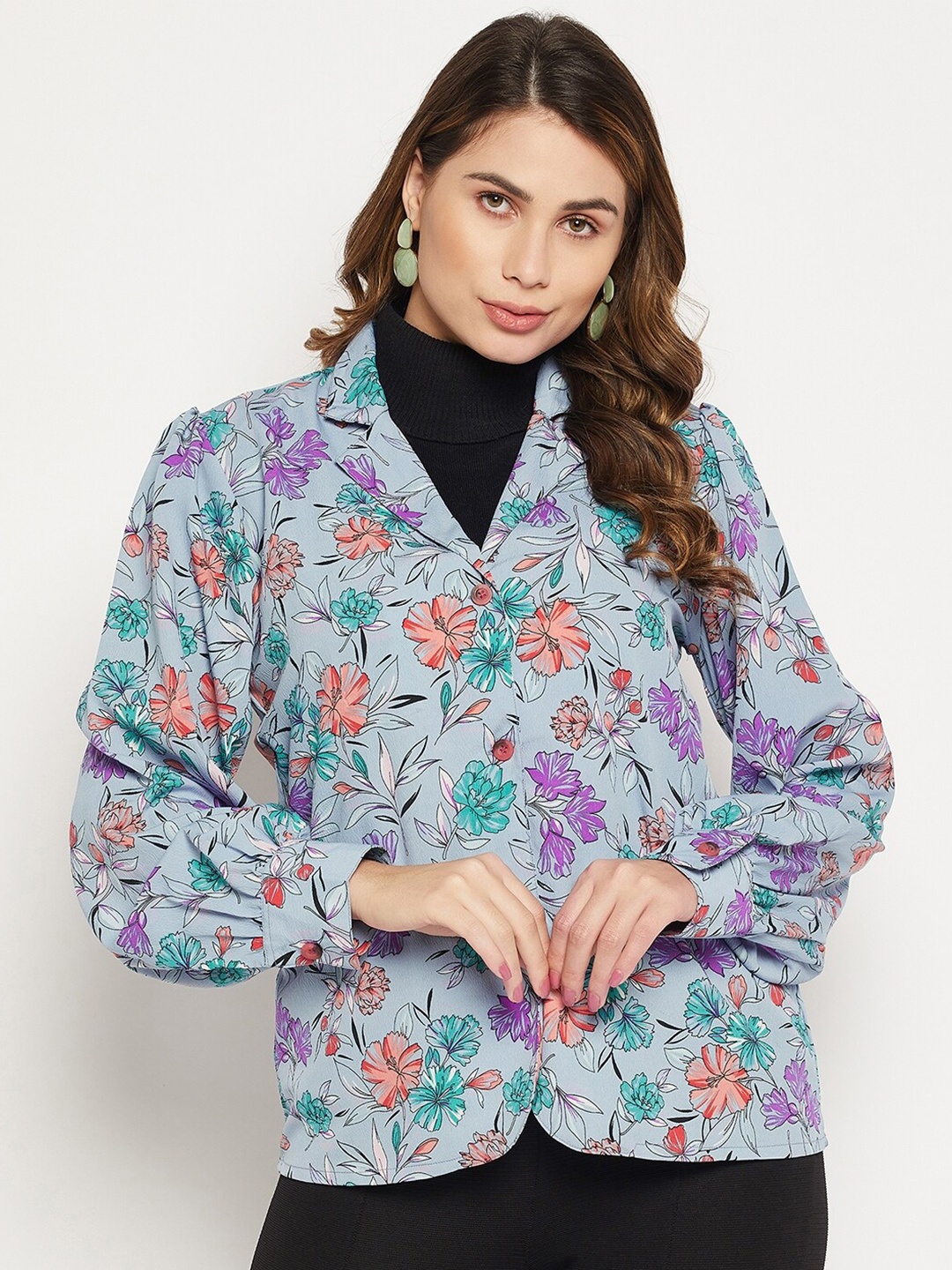 

Bitterlime Long Sleeves Relaxed Floral Printed Casual Shirt, Blue