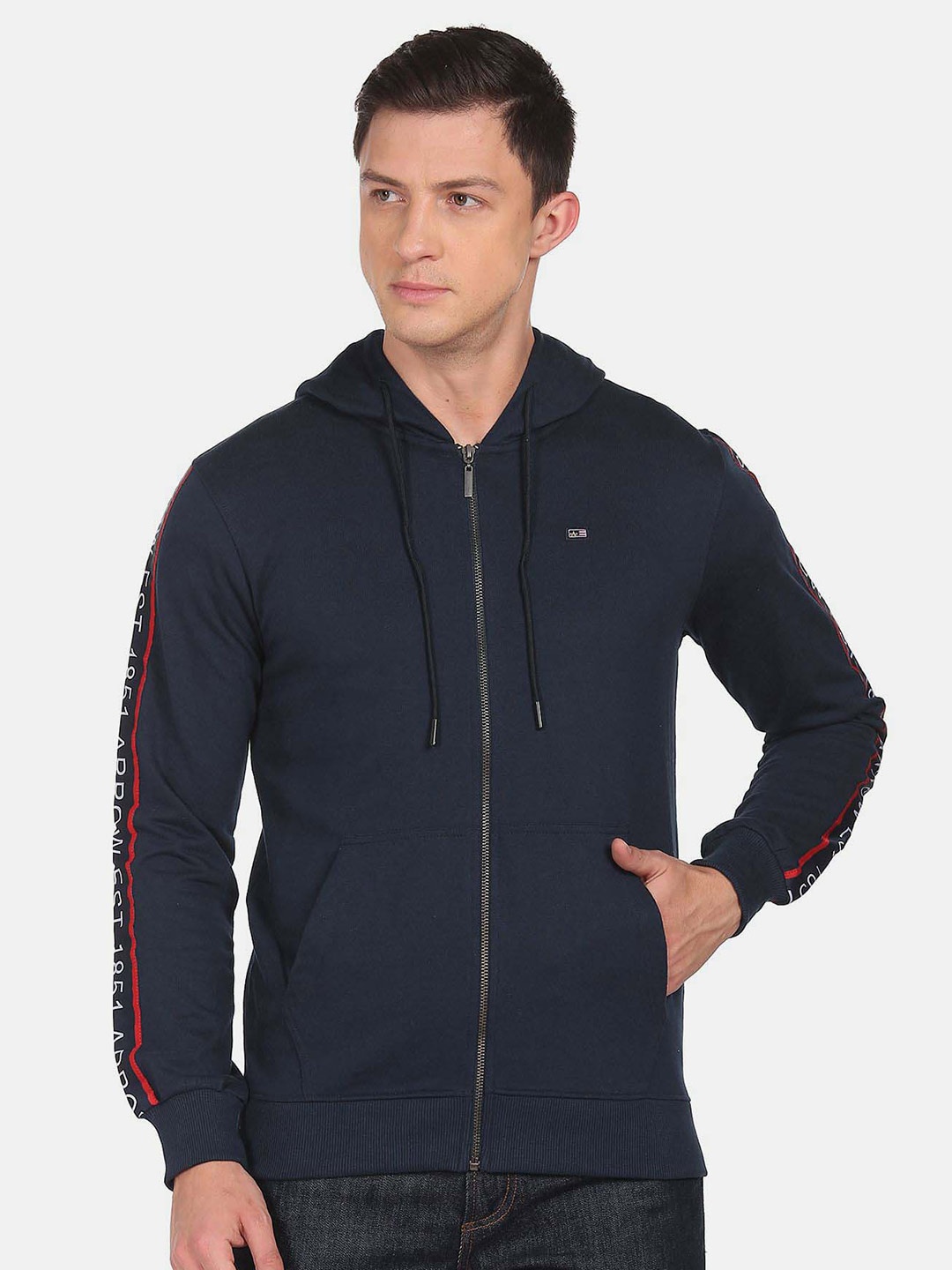 

Arrow Sport Kangaroo Pockets Printec Full Zip Up Hooded Front-Open Sweatshirt, Blue