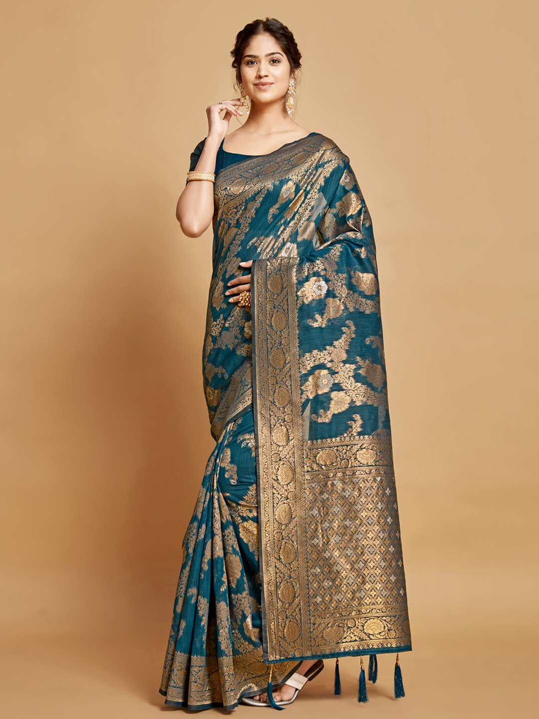 

Mitera Floral Woven Design Zari Banarasi Saree, Teal