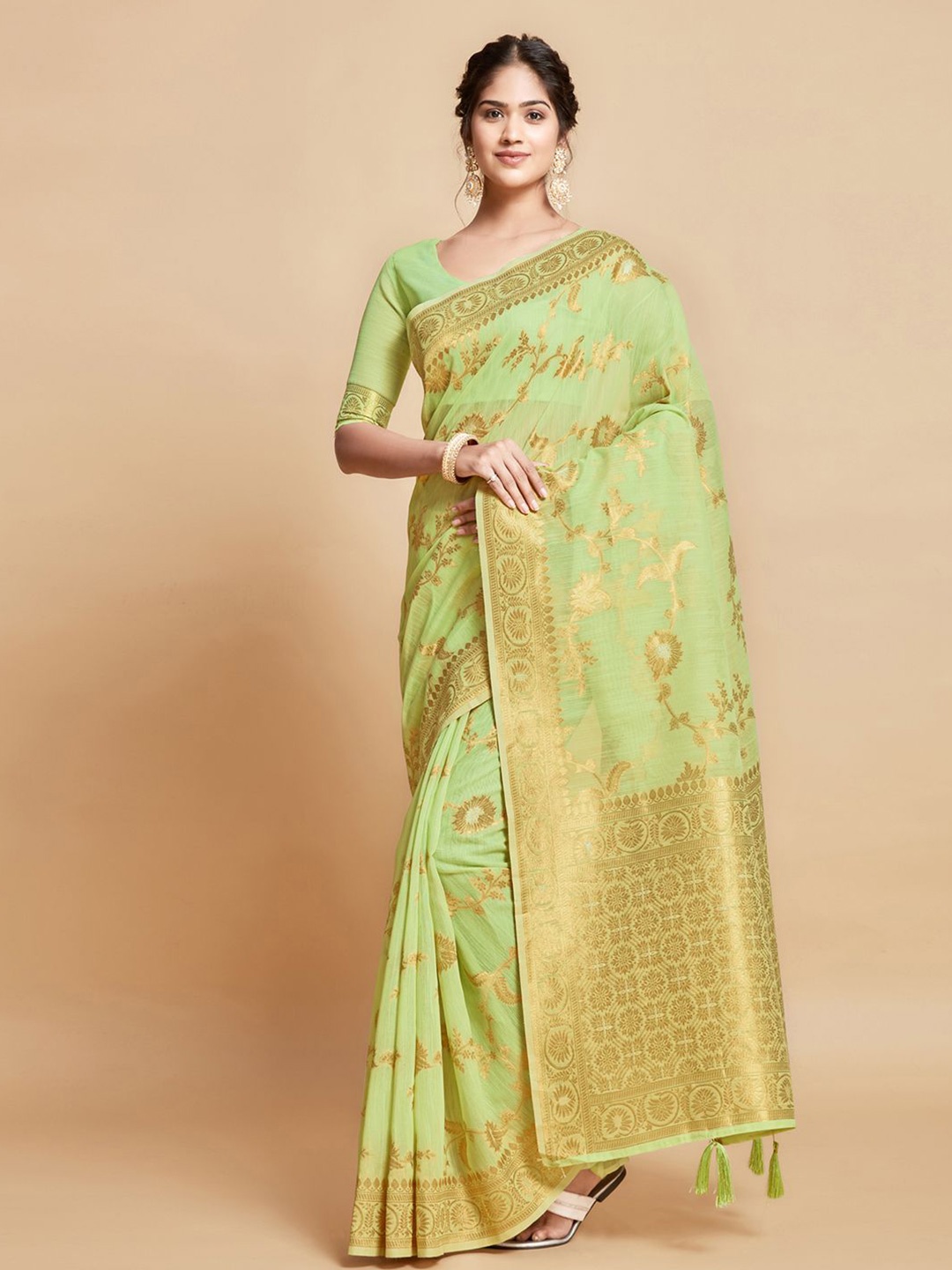 

Mitera Floral Woven Design Zari Banarasi Saree, Green