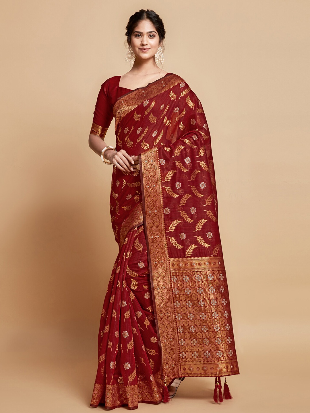 

Mitera Floral Woven Design Zari Linen Blend Banarasi Saree, Maroon