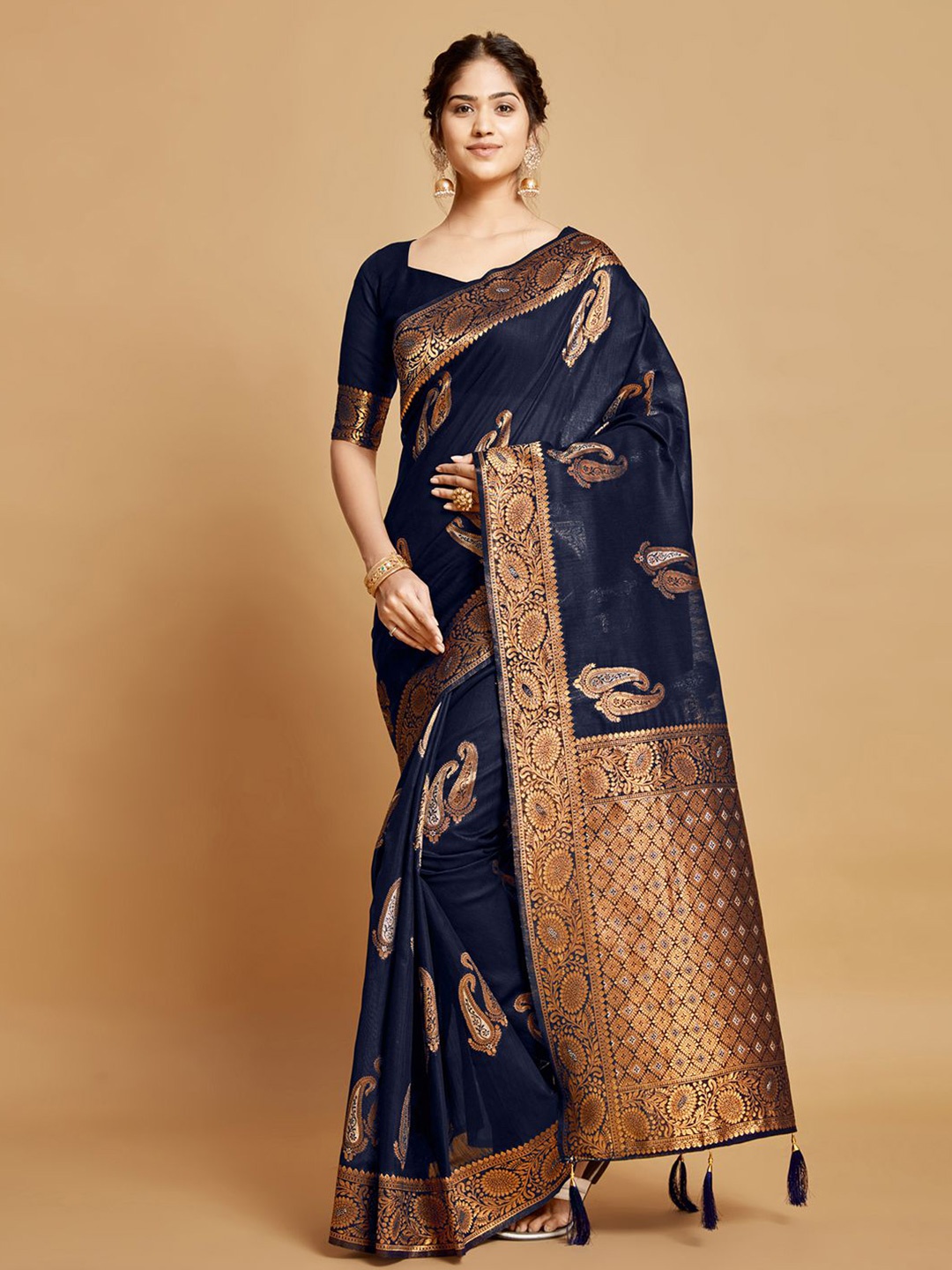 

Mitera Paisley Woven Design Zari Linen Blend Banarasi Saree, Navy blue
