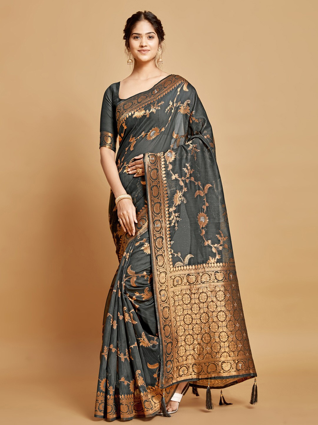 

Mitera FloralWoven Design Zari Linen Blend Banarasi Saree, Grey