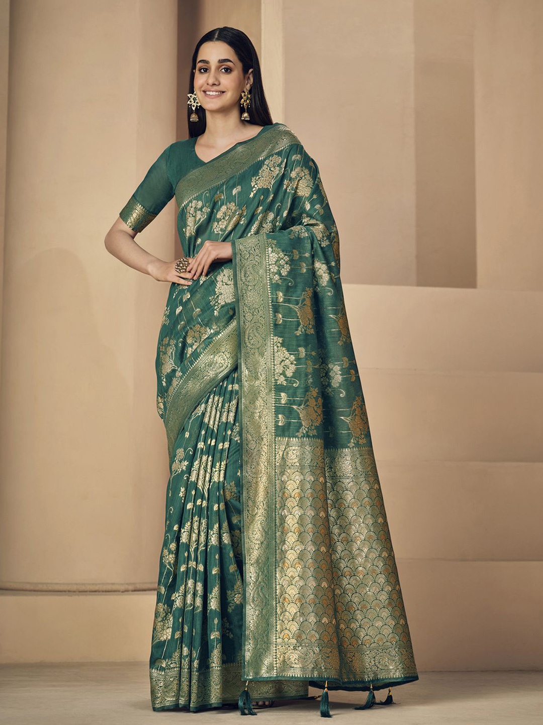 

Mitera Floral Zari Linen Blend Banarasi Saree, Green