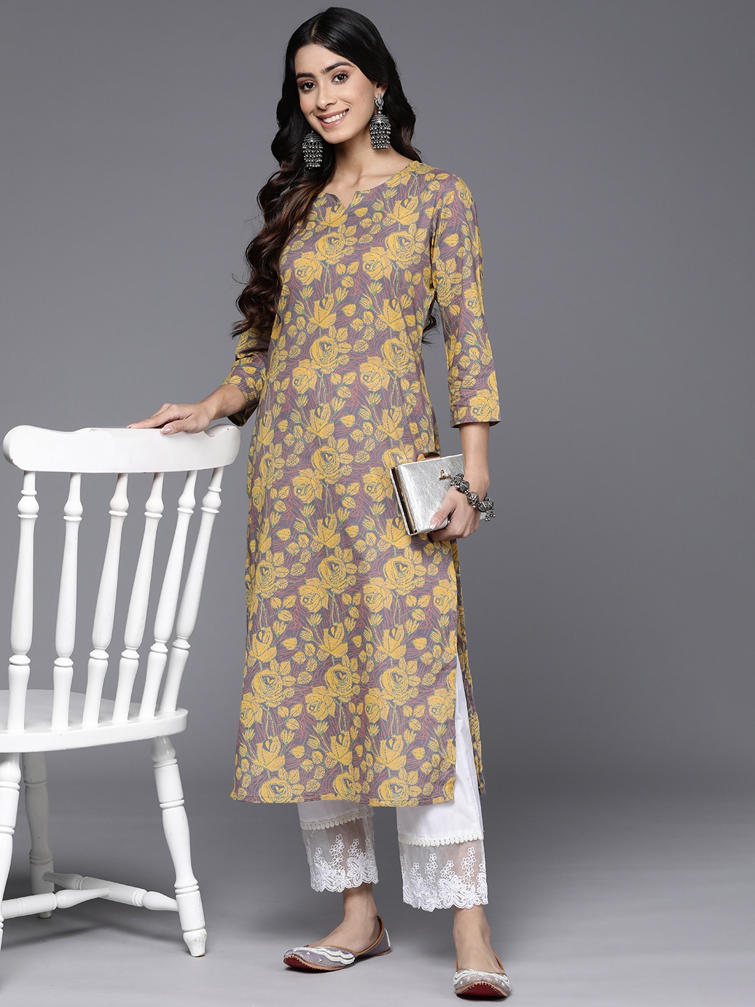 

Varanga Floral Printed Pure Cotton Kurta, Yellow