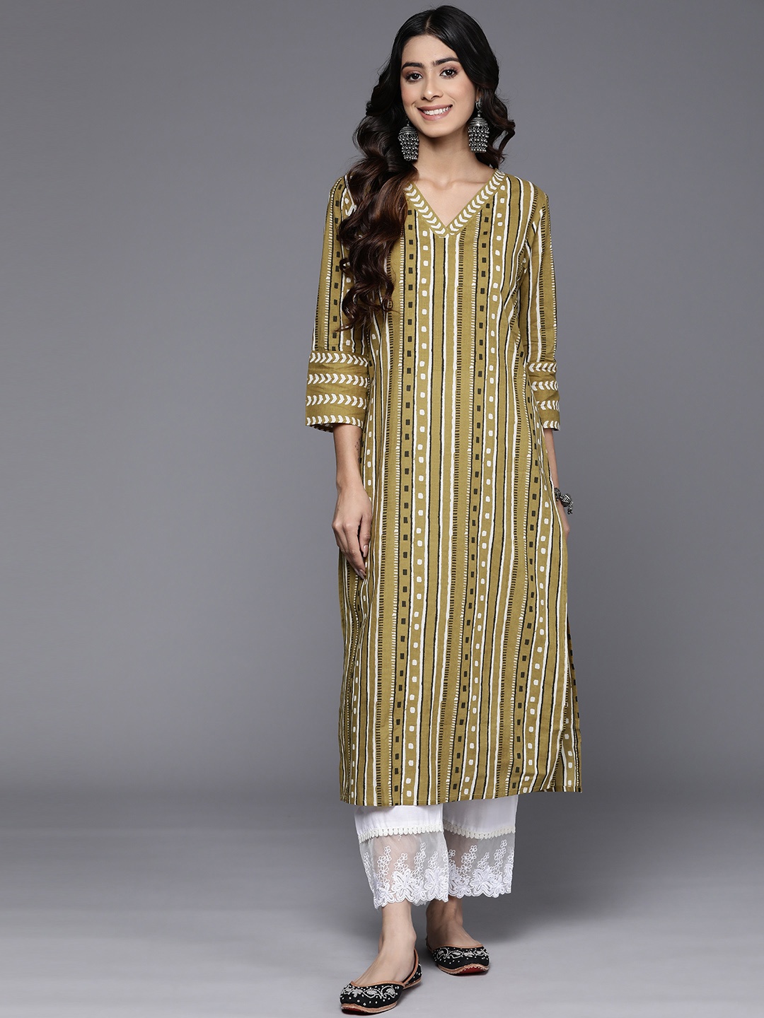 

Varanga Printed Pure Cotton Kurta, Olive