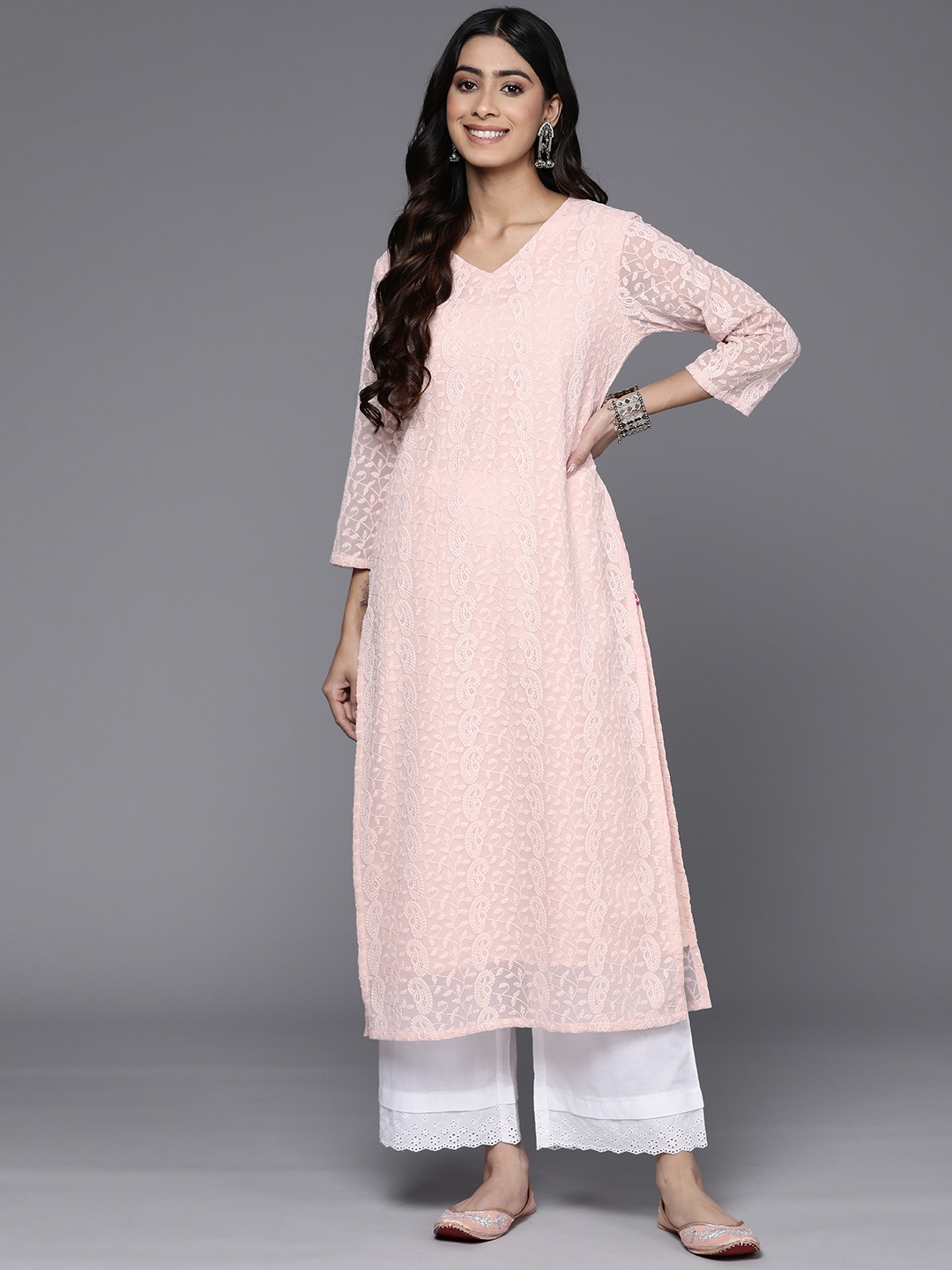 

Varanga Paisley Embroidered Pastels Georgette Kurta, Pink