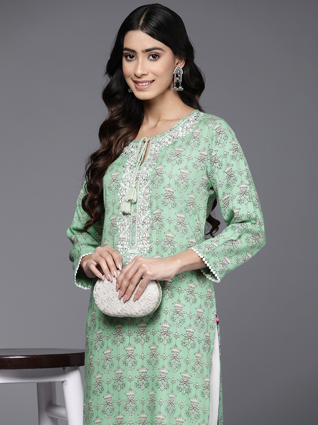 

Varanga Floral Printed Mirror Work Tie-Up Neck Kurta, Sea green