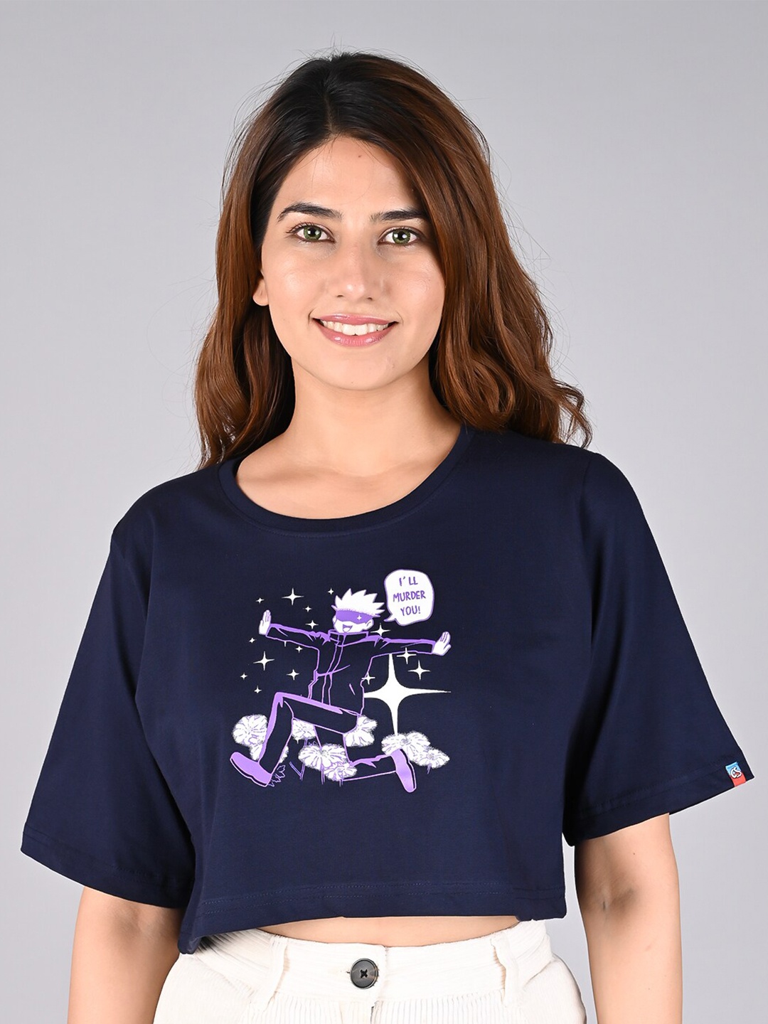 

COMICSENSE Anime Printed Jujutsu Kaisen Boxy Cotton Crop Top, Navy blue
