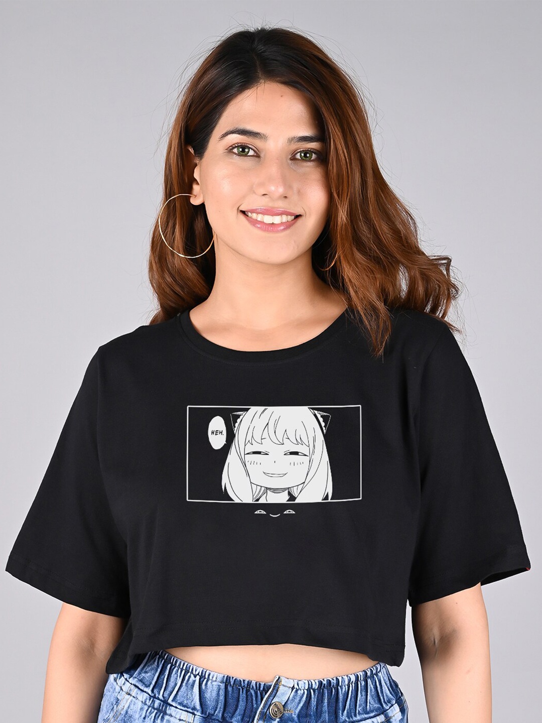 

COMICSENSE Anime Printed Spy X Family Anya Boxy Cotton Crop Top, Black