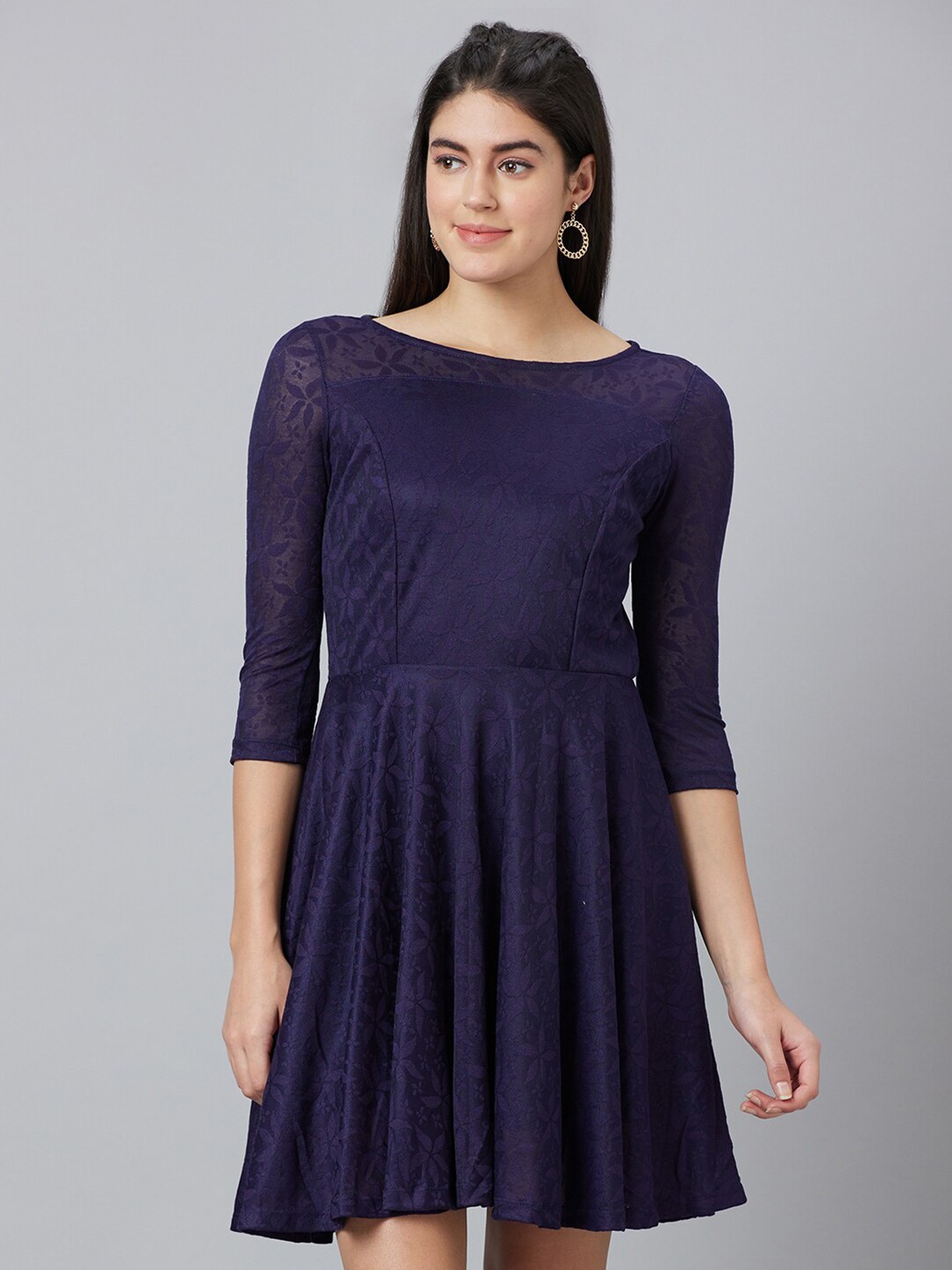 

Globus Boat Neck Self Design Fit and Flare Dress, Blue