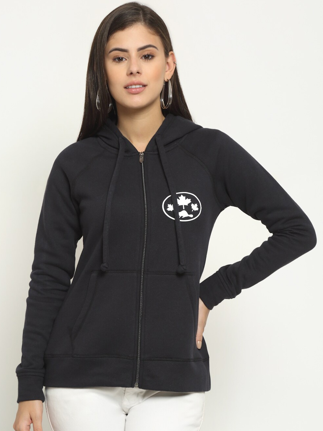 

Rute Women Printed Hooded Fleece Sweatshirt, Black