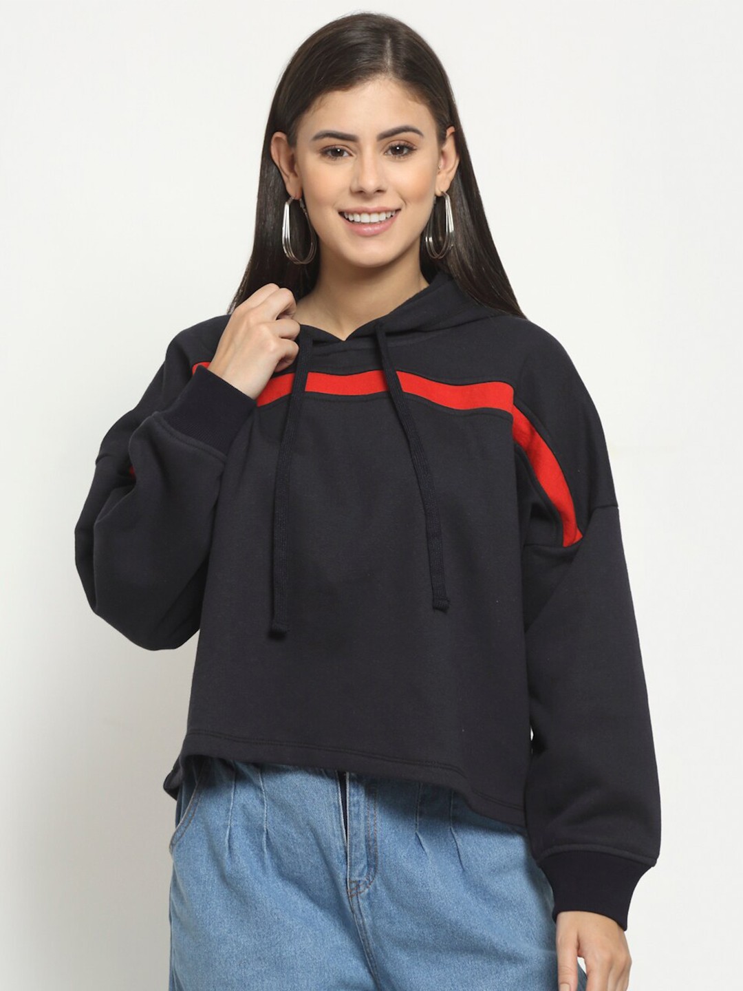 

Rute Women Colourblocked Hooded Fleece Sweatshirt, Black