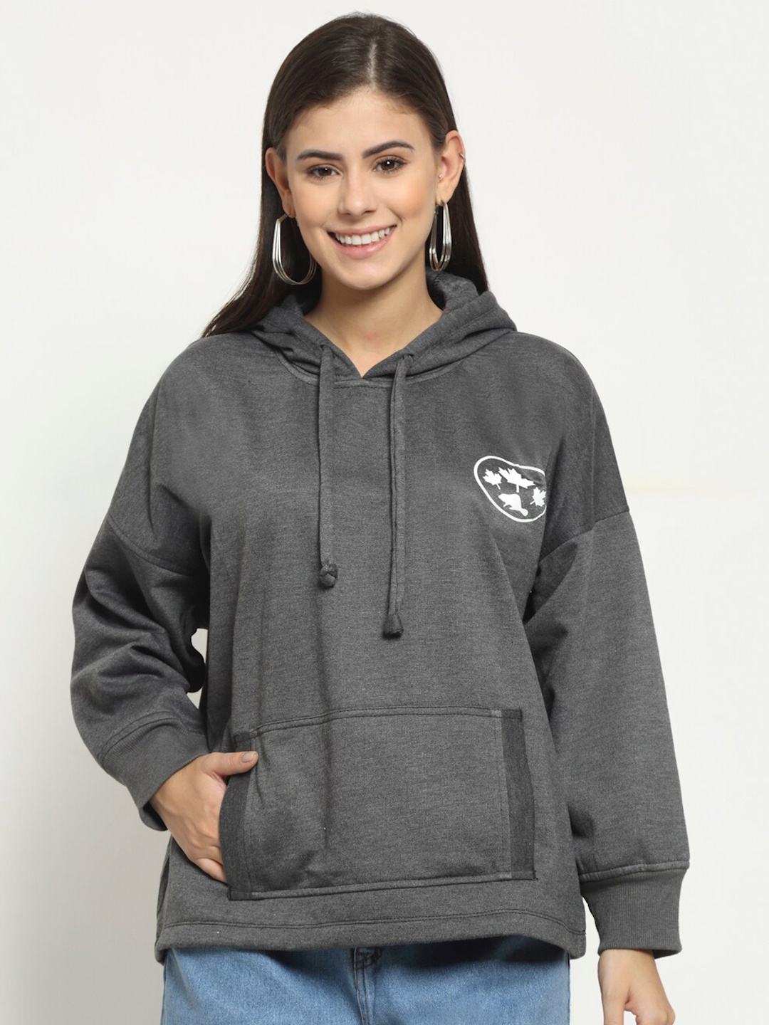 

Rute Women Printed Hooded Fleece Sweatshirt, Grey