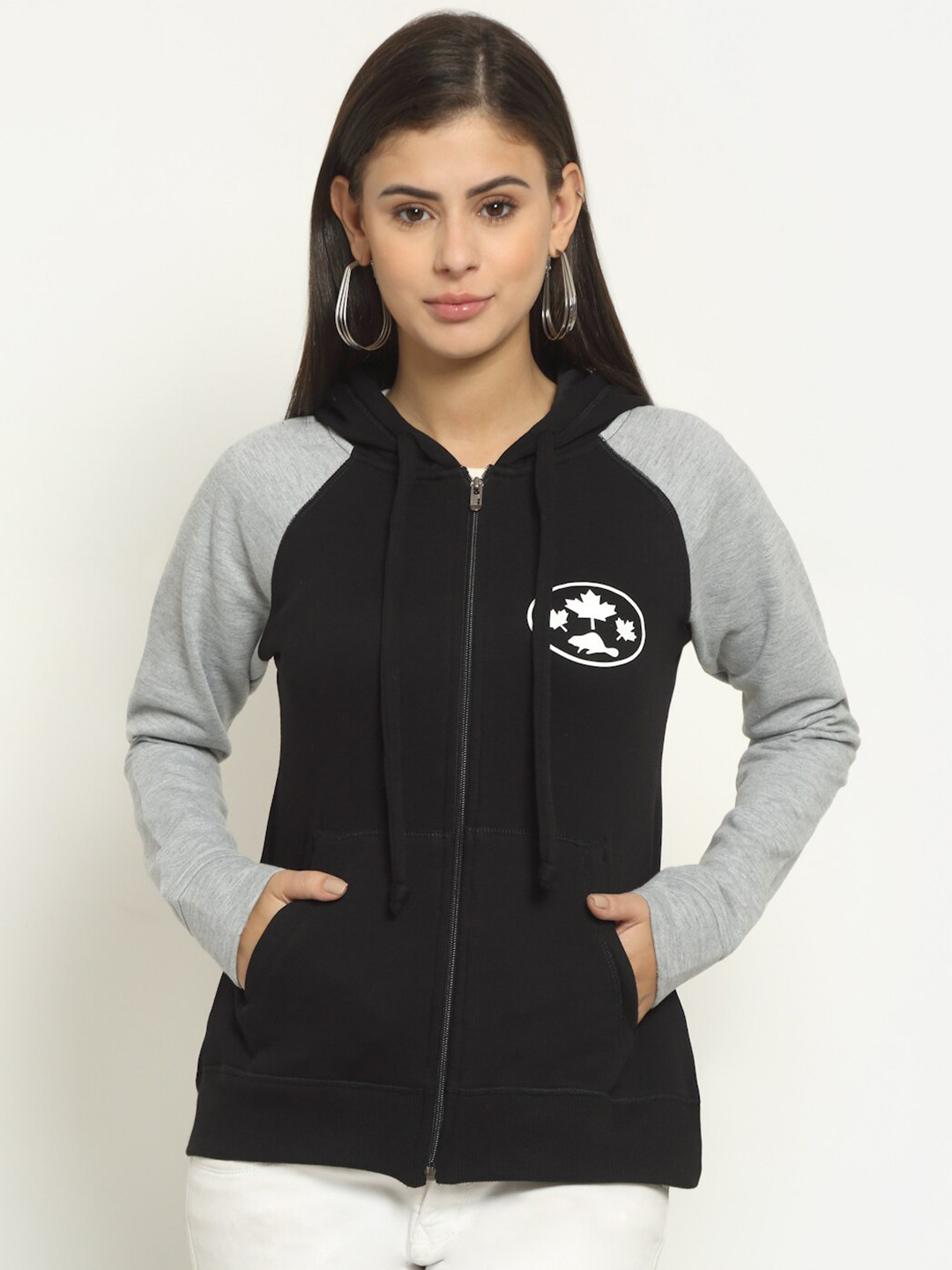 

Rute Women Colourblocked Hooded Fleece Sweatshirt, Black