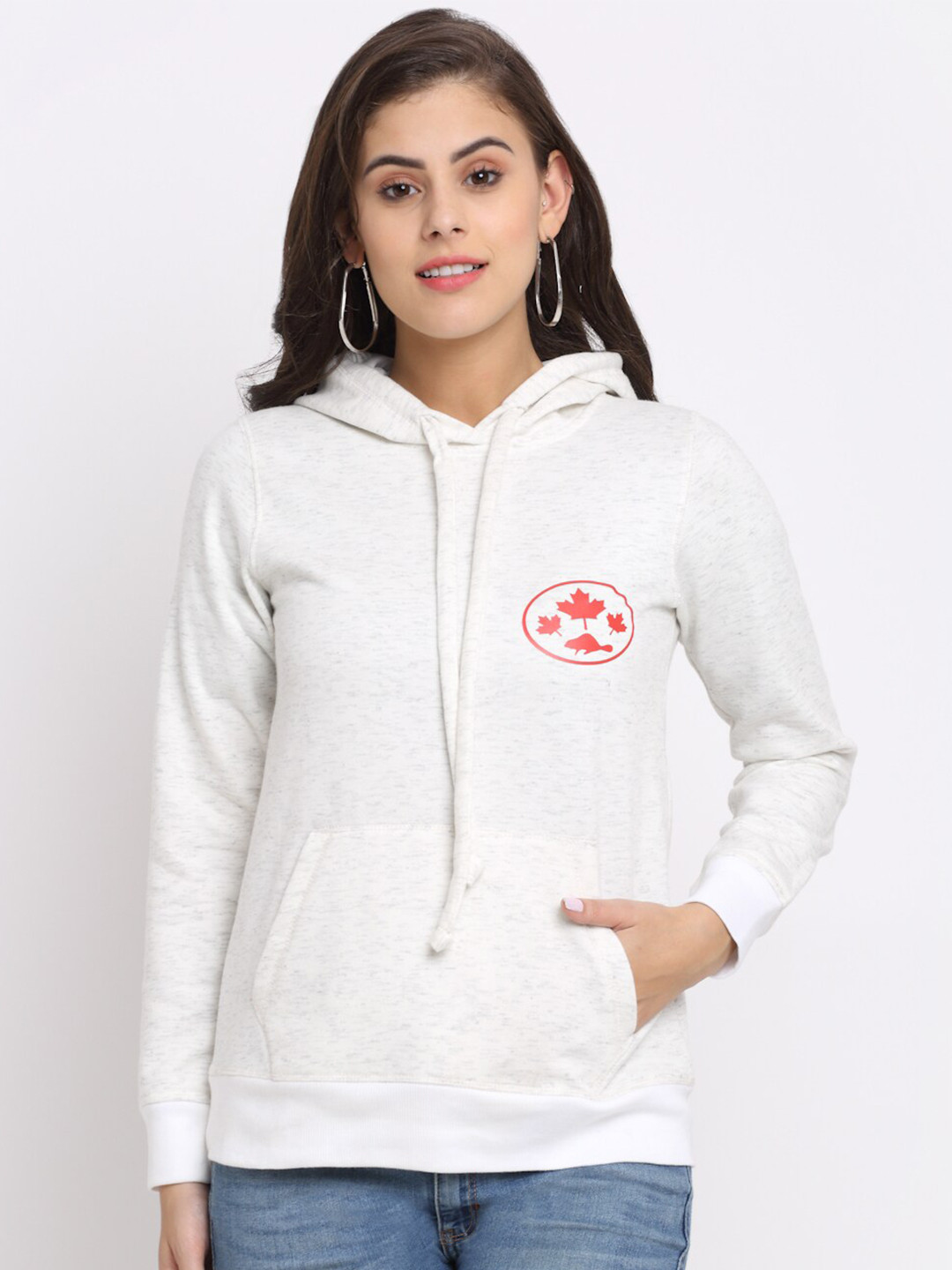 

Rute Women Printed Hooded Fleece Sweatshirt, White