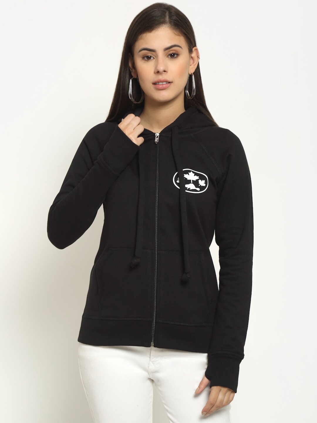 

Rute Women Printed Hooded Fleece Sweatshirt, Black