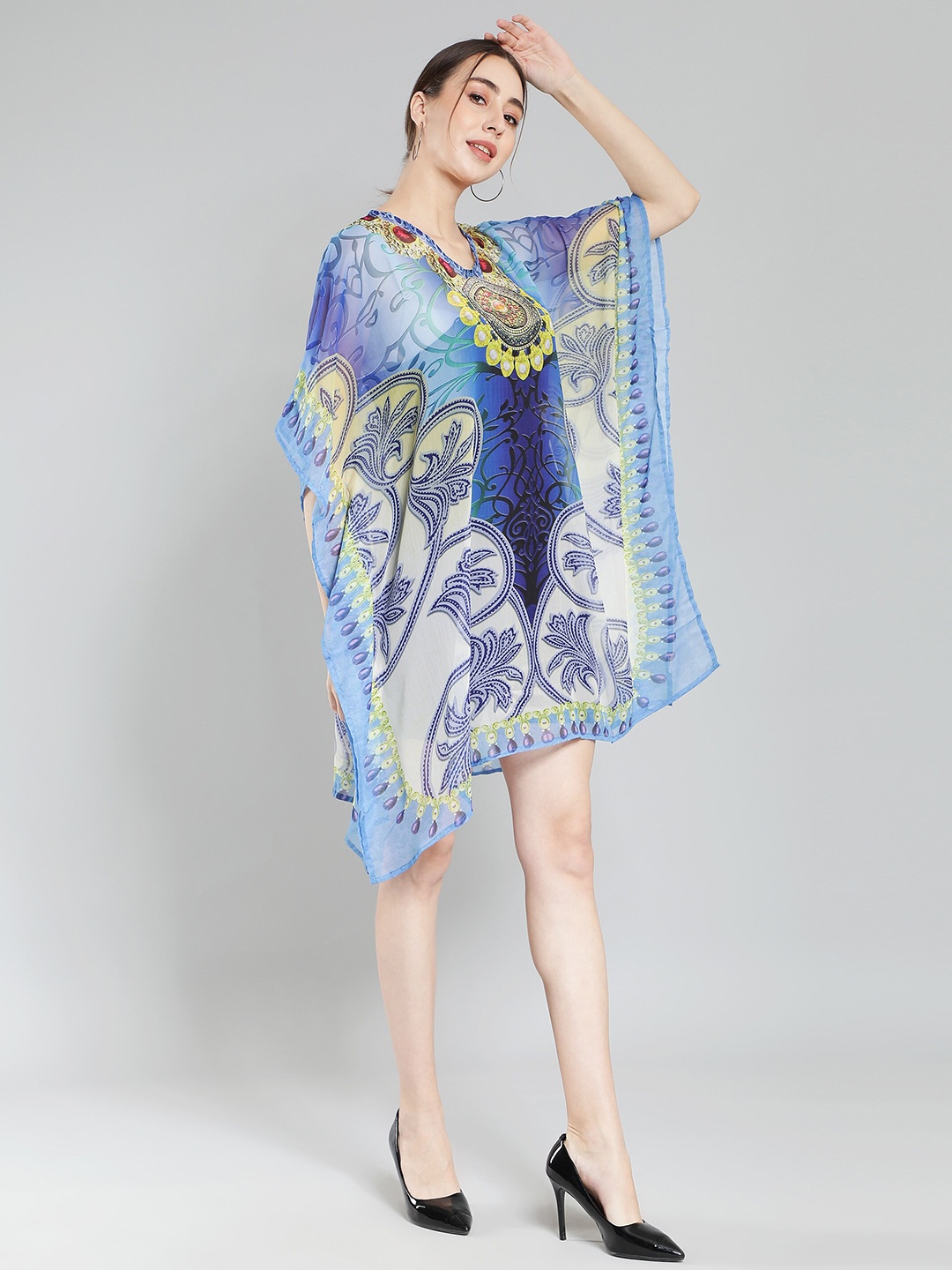 

Aditi Wasan Cape Sleeves Floral Sheer Chiffon Kaftan Dress, Blue