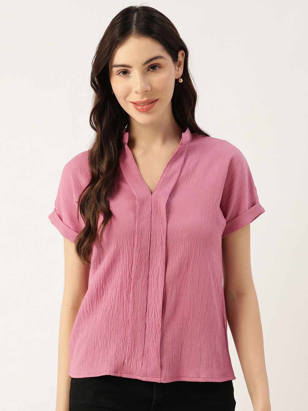 

Bani Women Mandarin Collar Front Pleated Top, Pink