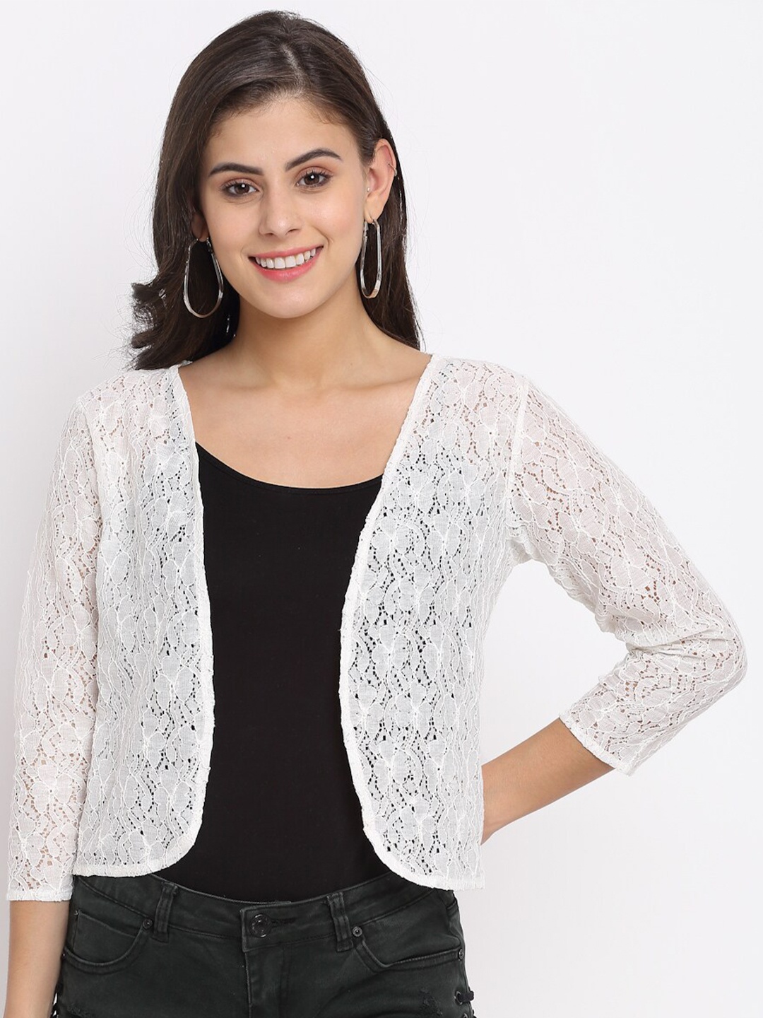 

Rute Women Self Design Cotton Crop Open Front Shrug, White