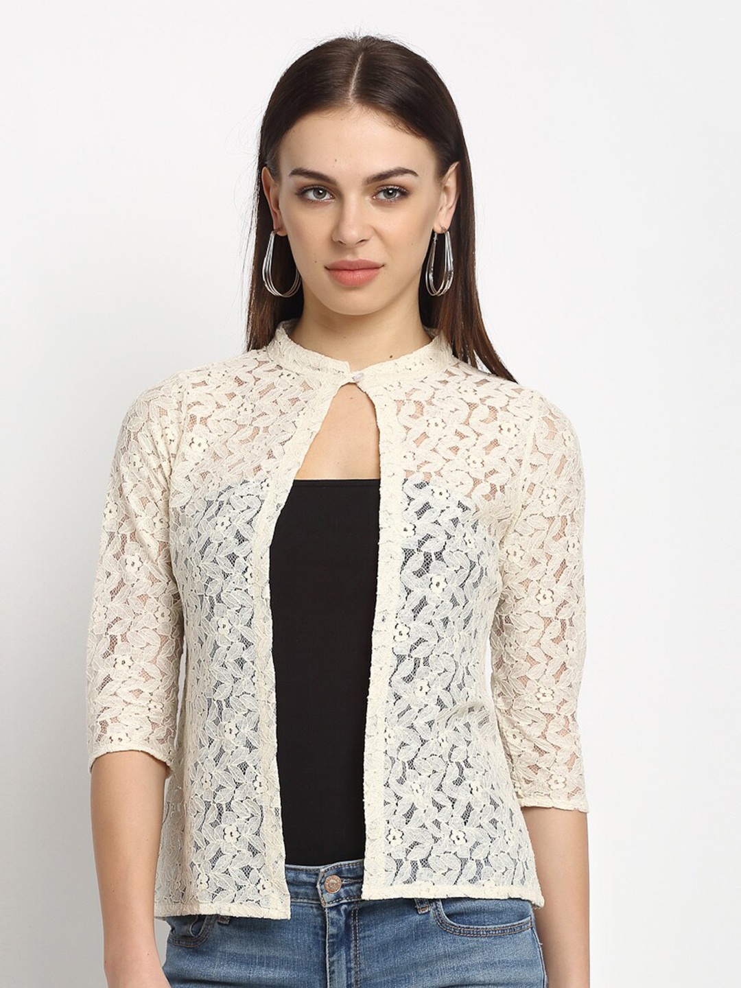 

Rute Women Self Design Cotton Button Shrug, Cream