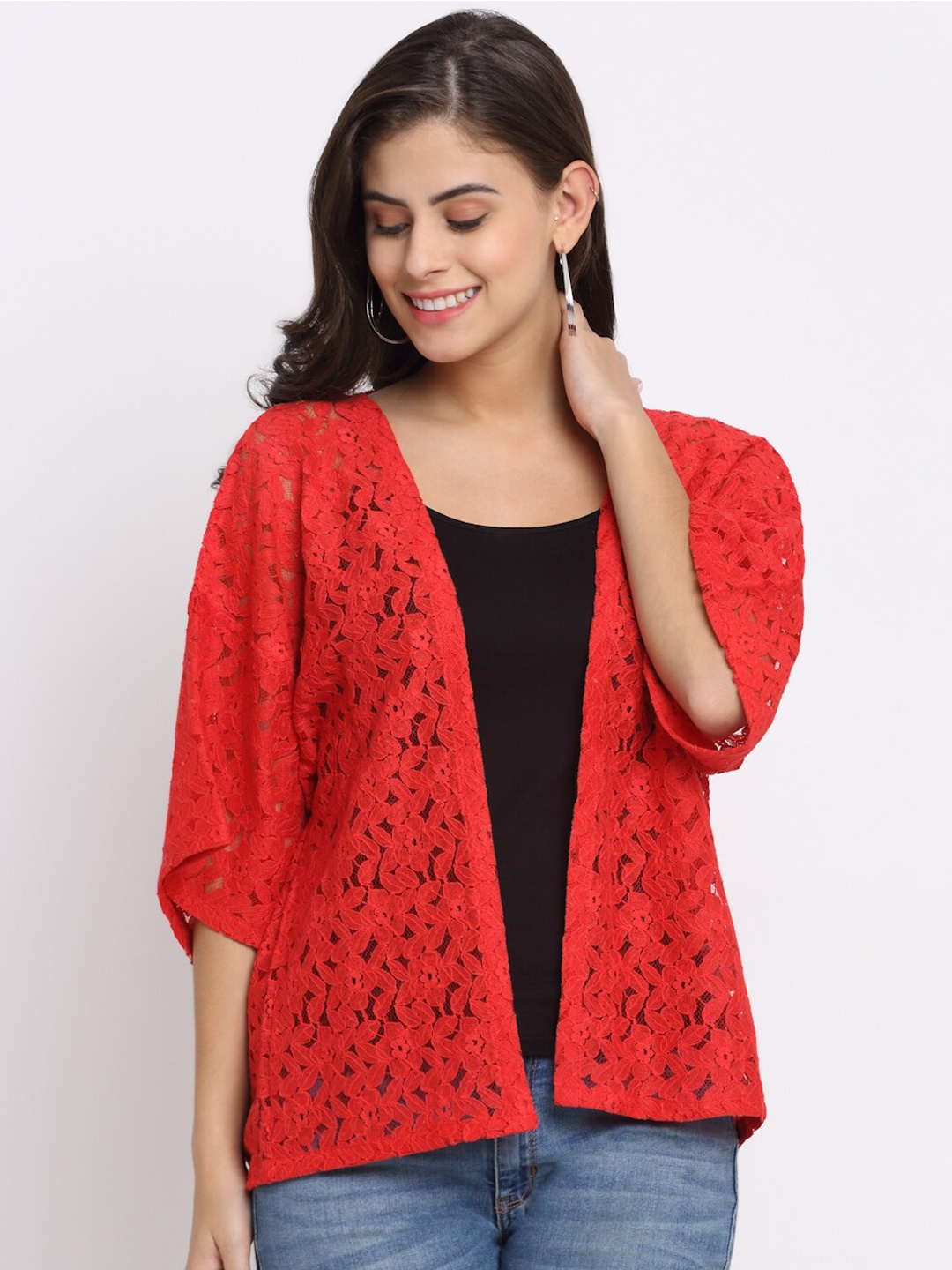 

Rute Women Self Design Cotton Lace Open Front Shrug, Red