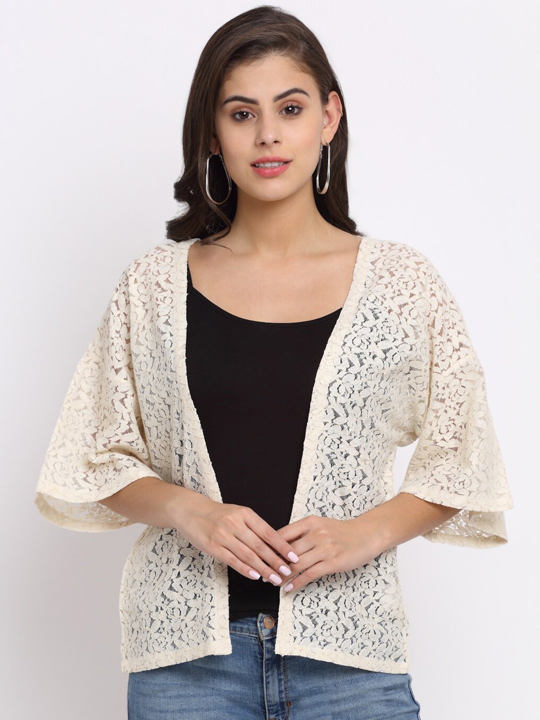 

Rute Women Self Design Cotton Lace Open Front Shrug, Beige