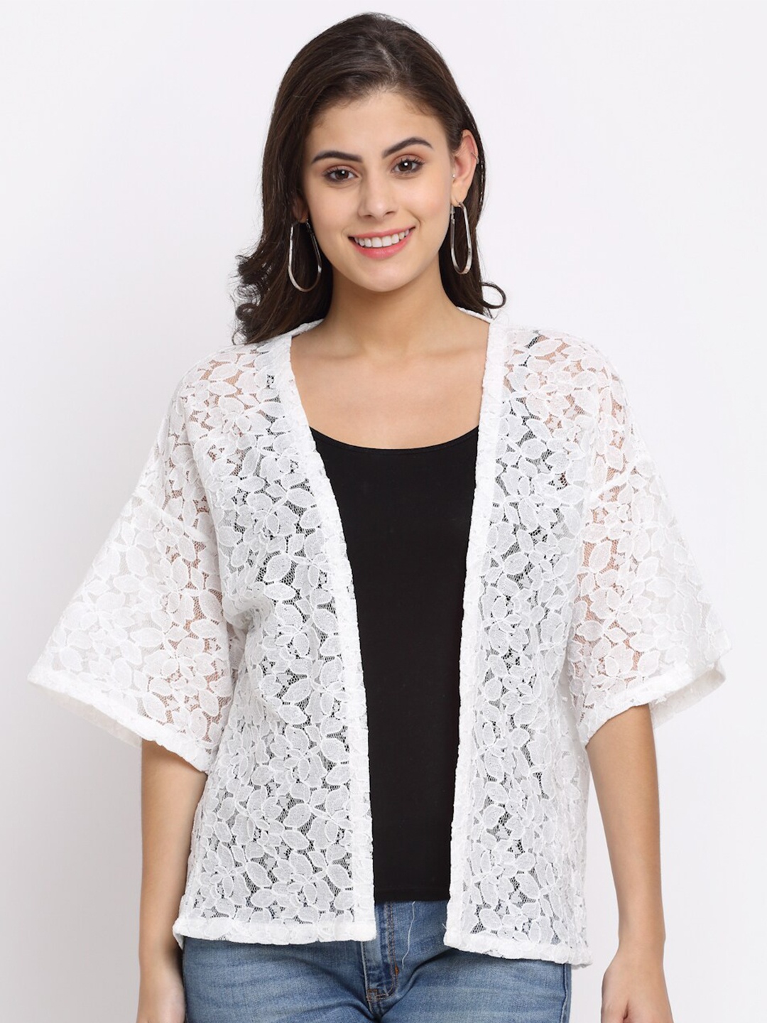 

Rute Women Self Design Cotton Lace Open Front Shrug, White