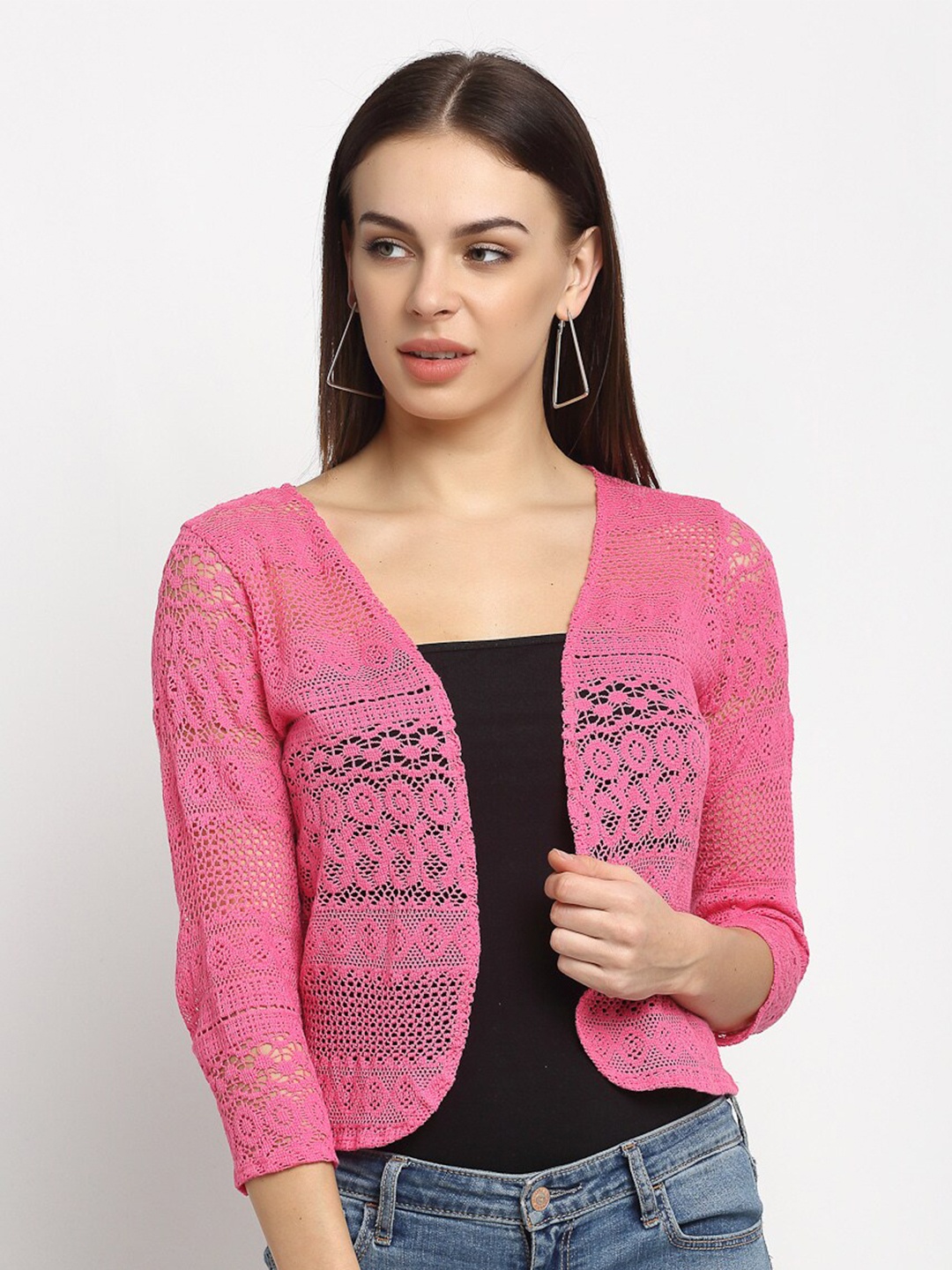 

Rute Women Self Design Cotton Open Front Crop Shrug, Pink