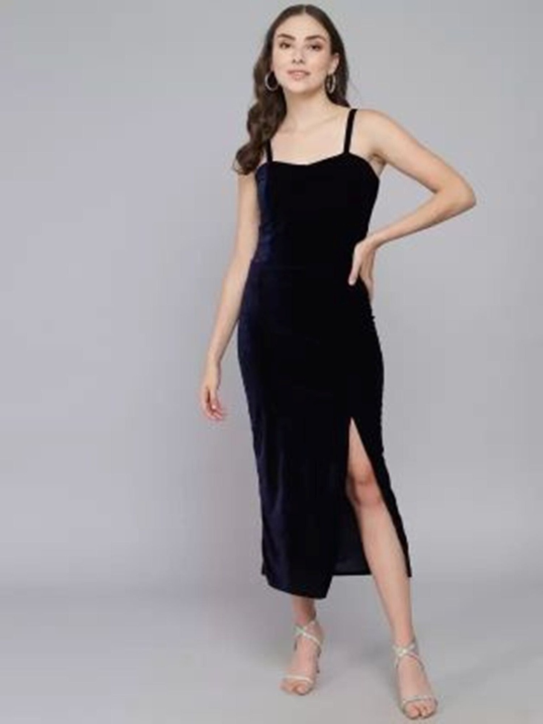 

APNISHA Side Slit Shoulder Straps Velvet Maxi Sheath Dress, Navy blue