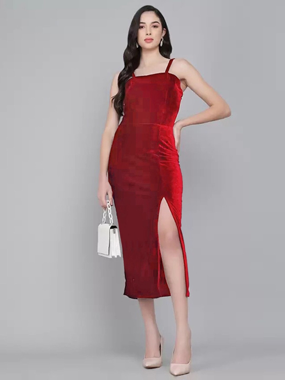 

APNISHA Shoulder Straps Velvet Sheath Midi Dress, Maroon