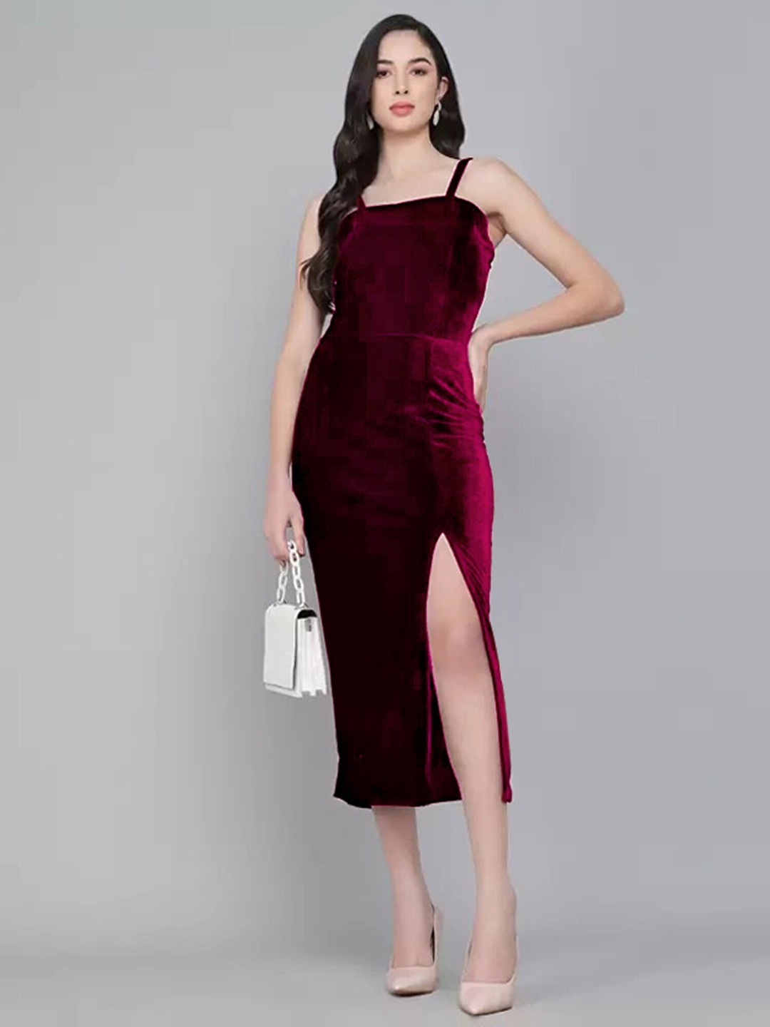 

APNISHA Shoulder Straps Velvet Sheath Midi Dress, Maroon