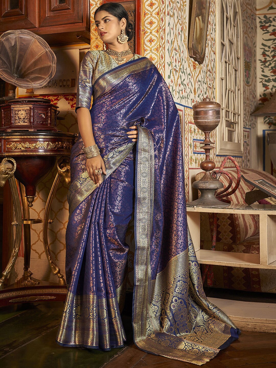 

Satrani Navy Floral Woven Design Zari Banarasi Saree, Navy blue