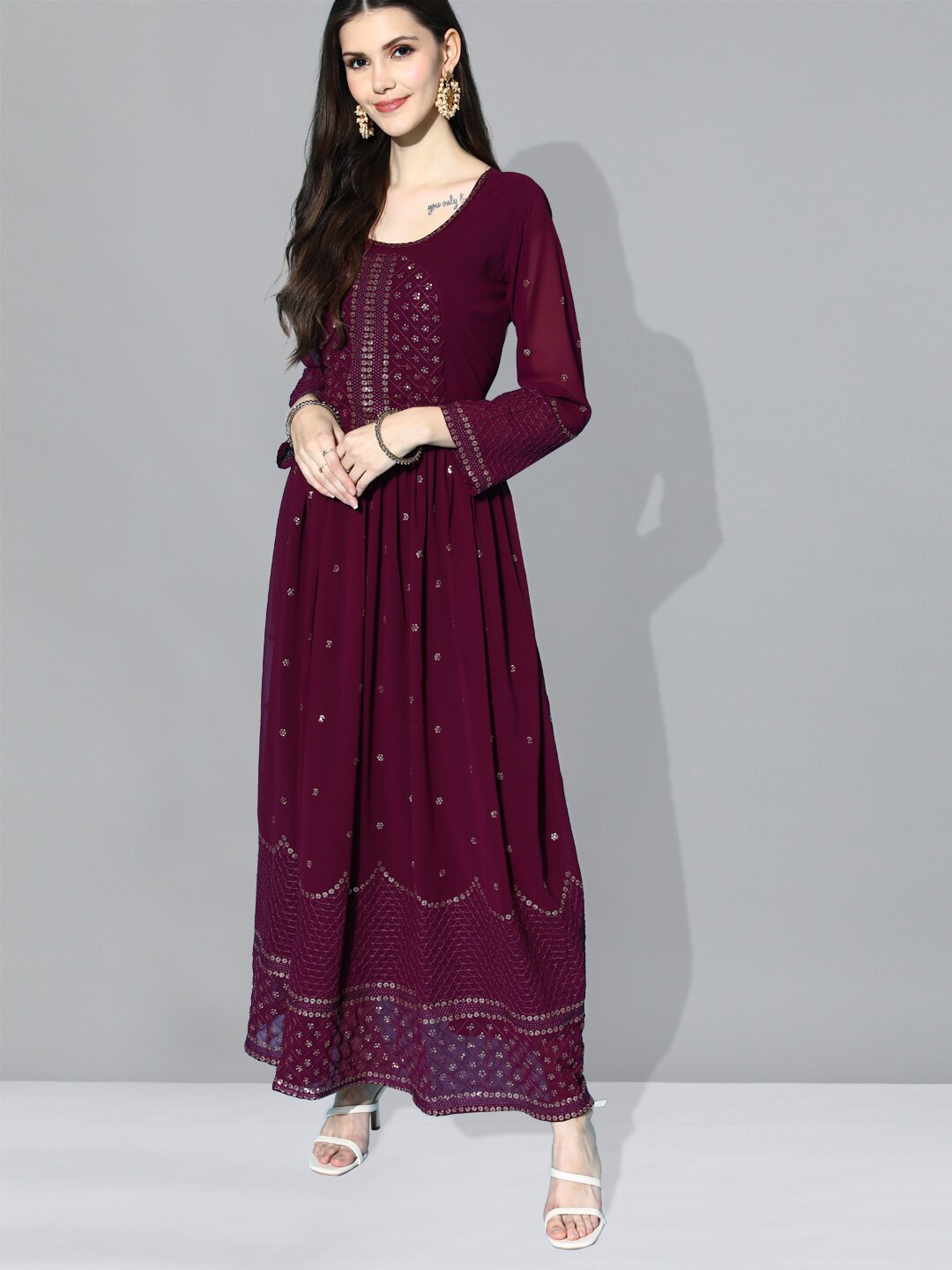 

Kvsfab Ethnic Motifs Embroidered Sequinned A-Line Maxi ethnic Dress, Burgundy